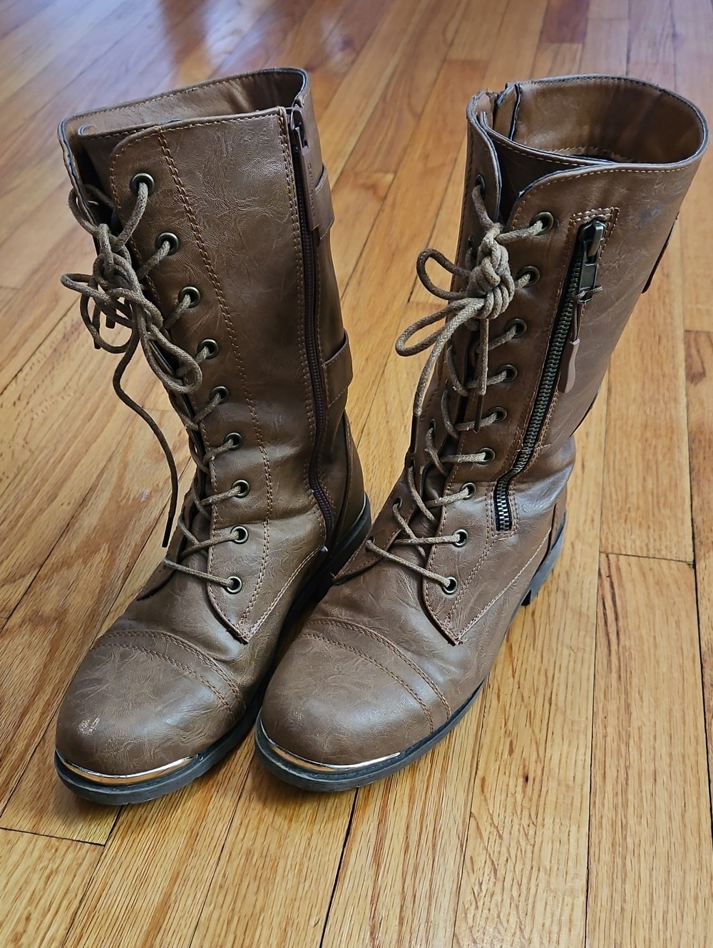 Women's Brown Lace-Up Combat Boots with Side Zip